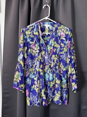 Charter Club Royal Blue Floral & Butterfly Pintuck Blouse